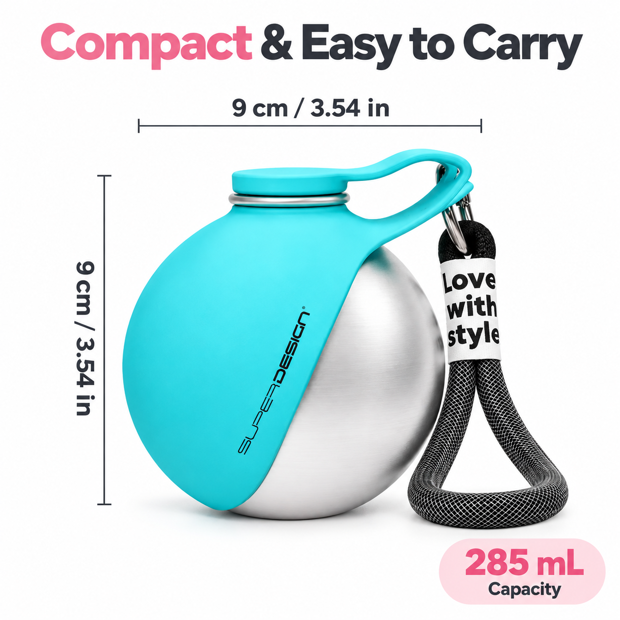 Blue portable dog water bottle with wrist strap and 285 mL capacity